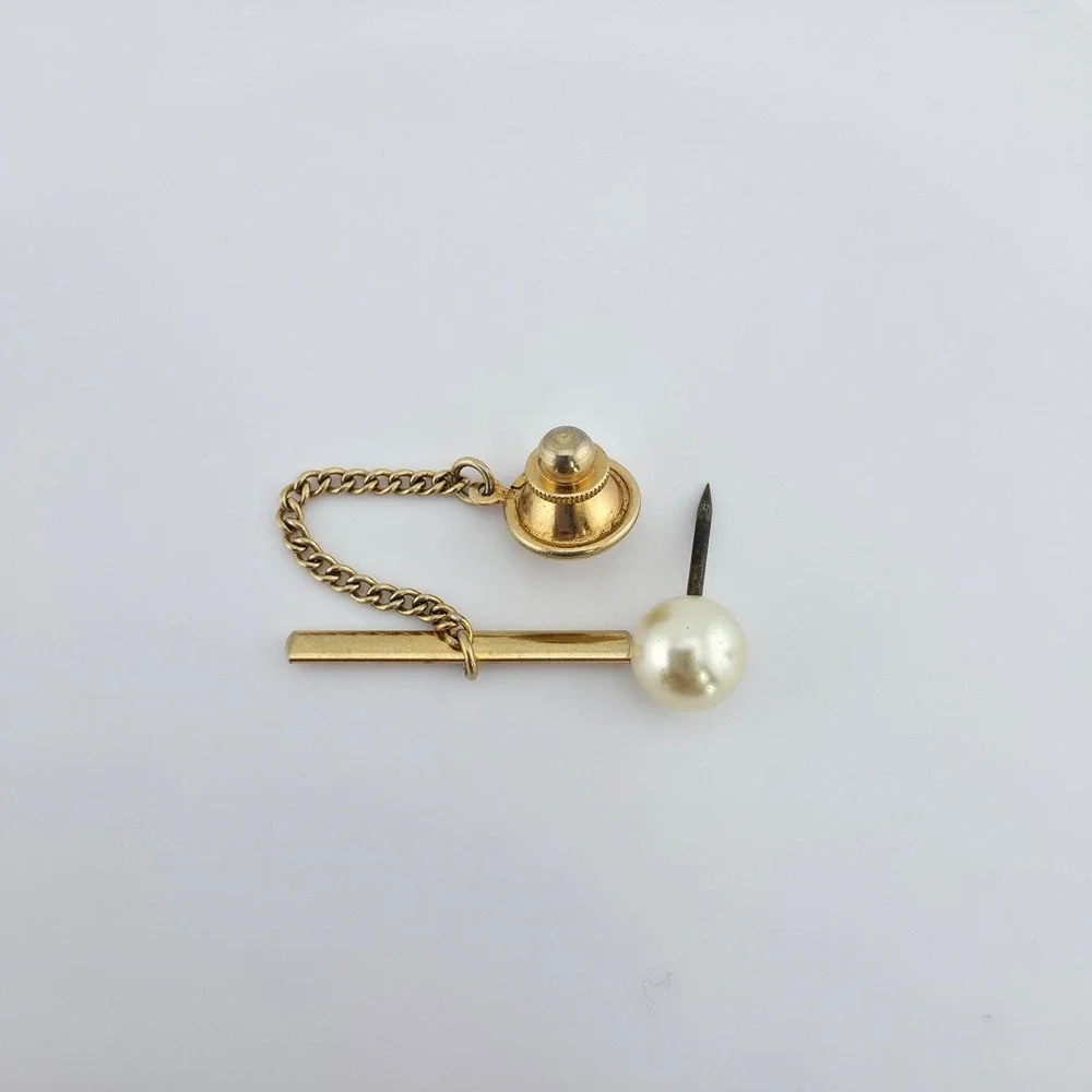 Vintage Faux Pearl Tie Tack Pin Buttonhole Barbell Chain Gold Tone FREE $HIP!!!